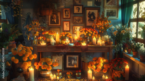 A richly decorated Day of the Dead altar with marigolds and candles, honoring ancestors in a cozy setting.