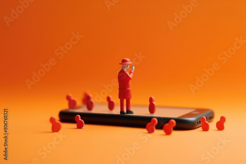 A small toy man figurine is standing proudly on the surface of a modern cell phone, showcasing an unusual juxtaposition of technology and play