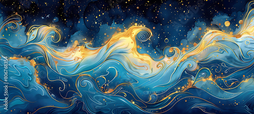  Magical fairytale ocean waves art painting. Unique blue and gold wavy swirls of magic water. Fairytale navy and yellow sea waves. Children’s book waves, kids nursery cartoon illustration photo