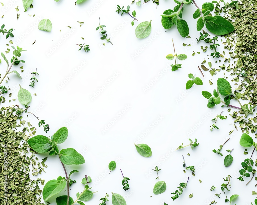 Various fresh and dried oregano, basil and thyme leaves and oregano flowers scattered on white background, top view, copy space. Various fresh and dried oregano, basil and thyme leaves and oregano flowers scattered on white background, top view, copy space.