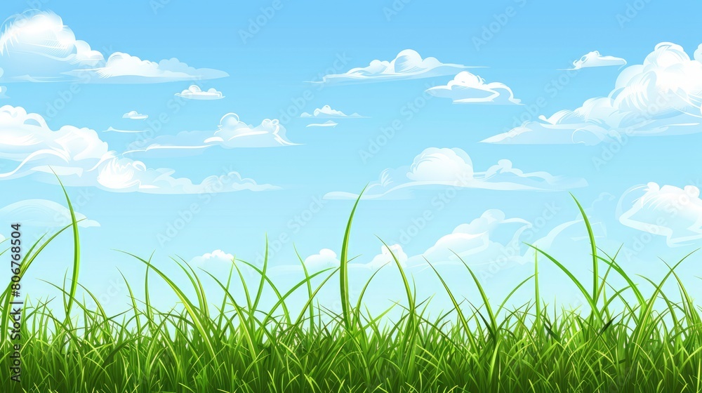 Fototapeta premium Landscape View Of A Green Grass Field Against A Backdrop Of Clear Blue Skies, Imbuing The Scene With A Sense Of Openness And Freedom, Cartoon Background