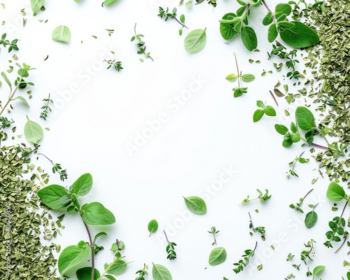 Various fresh and dried oregano, basil and thyme leaves and oregano flowers scattered on white background, top view, copy space.