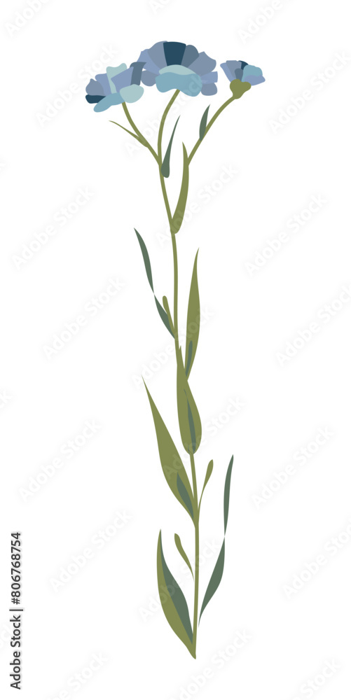 Abstract blue flax flowers on stem in flat design. Blooming herbal plant. Vector illustration isolated.