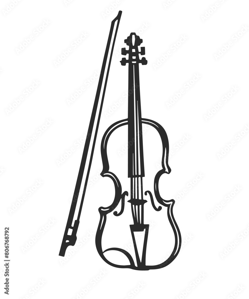 Fototapeta premium Hand drawn violin and bow. Black and white illustration.