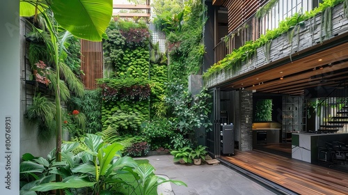 urban oasis courtyard with vertical gardens featuring lush green plants, a wooden bench, and a vibrant red flower