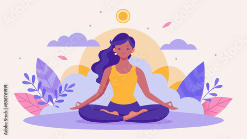 An uplifting quote about selflove and body acceptance overlaid on a photo of a woman doing yoga in a peaceful setting.. Vector illustration