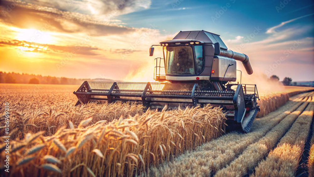 Fototapeta premium A combine harvester, bathed in the warm glow of the setting sun, reaps wheat in a sprawling field. The image beautifully captures the essence of harvest season.
