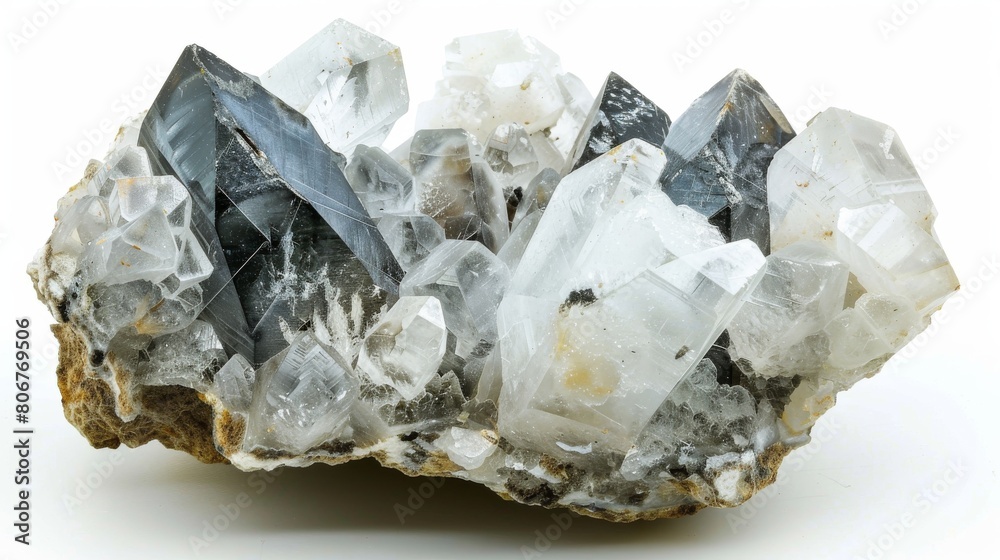 A cluster of quartz crystals with black inclusions