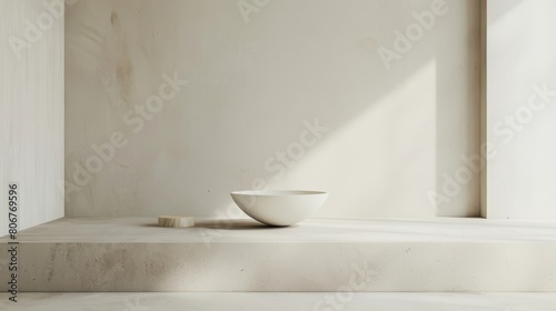 3d render of a ceramic bowl on a podium with a small rectangular prism on the left