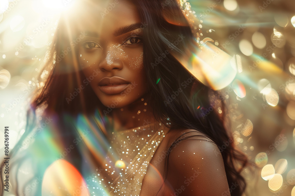 beautiful black woman with long hair in a glitter dress, with sunlight and a rainbow prism lighting effect. The photo is photo realistic and cinematic, in the style of fashion photography