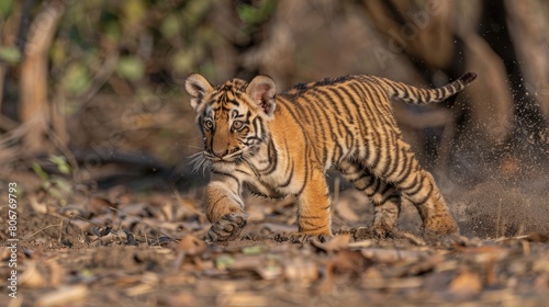   A tiny tiger cub dashes through the forest  surrounded by rustling dry grass and a mosaic of brown and green leaves on the ground
