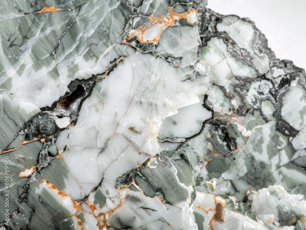 A close up of a colorful rock with white, green, and black veins.