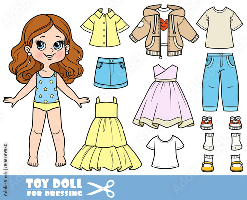 Cartoon brunette girl  and clothes separately -  dress,jacket, shirt, shorts, sandals, jeans and sneakers