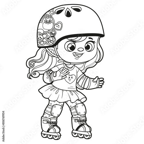 Cute cartoon girl in a helmet and wearing protective gear on roller skates forward outlined for coloring page on white background