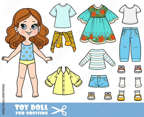 Cartoon brunette girl  and clothes separately -  dress,long sleeve, shirt, shorts, sandals, jeans and sneakers