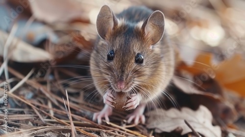   A tight shot of a rodent on the forest floor  surrounded by leafy foliage in the foreground  while the background softly blurs