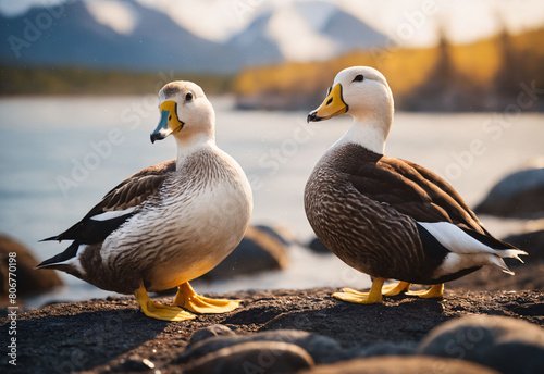 A Eider ducks grace the shores of Alaska, their presence adding life to the tranquil coastal landscape. The image beautifully captures the harmony between wildlife and nature. photo