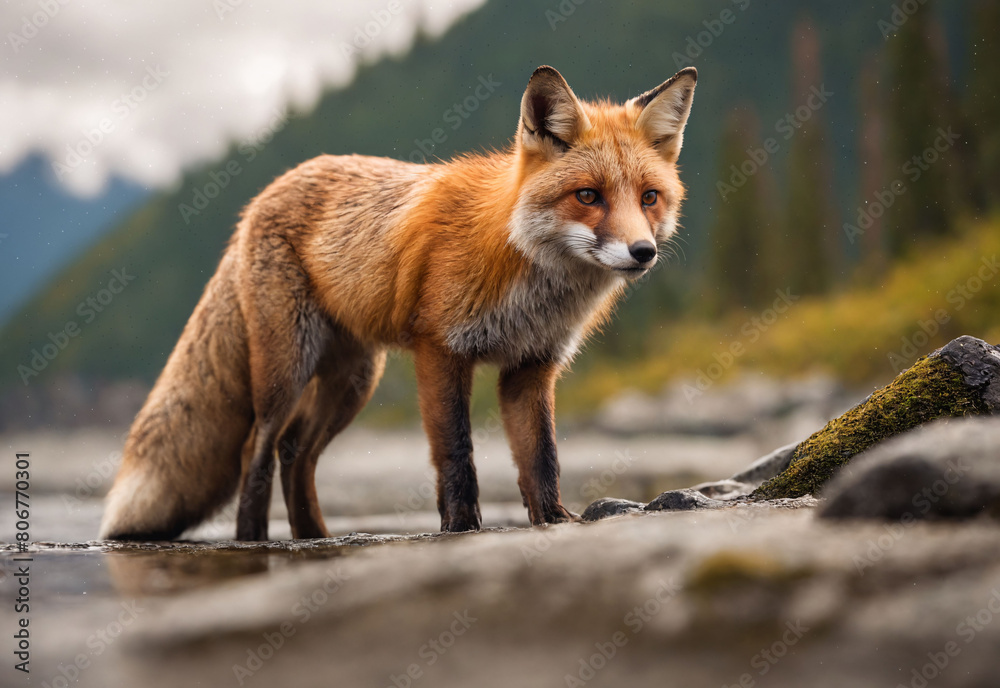 A vivid red fox, poised in its natural hunting stance on the rugged Alaskan coast. The image beautifully captures the raw survival instincts and the striking beauty of wildlife in its natural habitat.