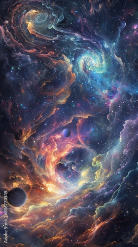 Surreal artwork of a swirling spiral galaxy with celestial bodies and nebulas, blending reality and fantasy