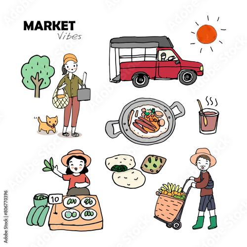 people at market, people buy and sell at market, street food, local mini bus, hand drawn style vector illustration