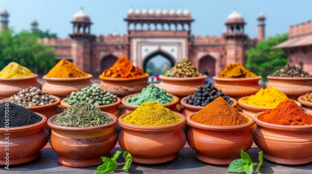 Fototapeta premium A table laden with various colorful powder-filled pots and spice containers adjacent to a structure