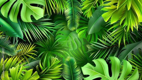 Lush Palm Leaves In A Beautiful Green Jungle, Cartoon Background