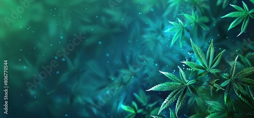 Green cannabis leaves in the foreground, glowing green light is shining from behind them, blue background.