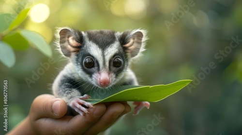   A person holds a small animal atop a single leaf, the background softly blurred © Wall