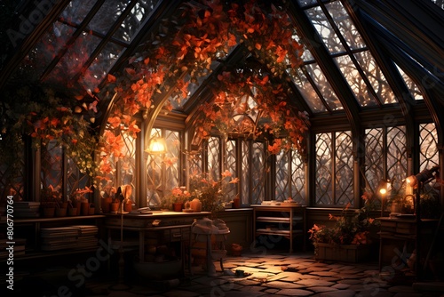 Interior of a greenhouse with autumn leaves. 3D Rendering