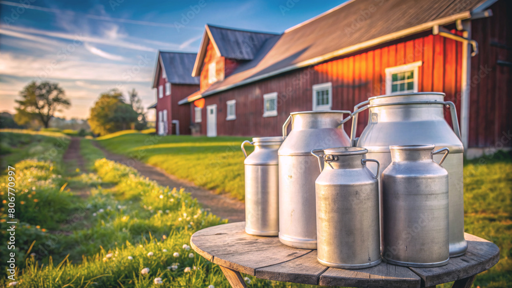 Gleaming milk cans standing proudly by a home dairy farm. The image encapsulates the charm of countryside living and the freshness of farm produce. Gleaming milk cans standing proudly by a home dairy farm. The image encapsulates the charm of countryside living and the freshness of farm produce.
