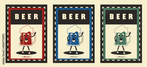 Retro poster with funny character in the shape of a beer. Set of poster, red, green and blue. Alcohol and drink. vintage style. Beer character. hand sign. Beverage theme - Stock vector