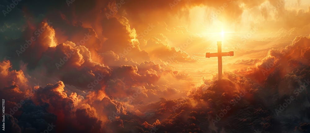 Craft a heartfelt Easter card design, portraying the Golgotha cross at an oblique angle, with ethereal light streaming through the billowing clouds, symbolizing hope and rebirth