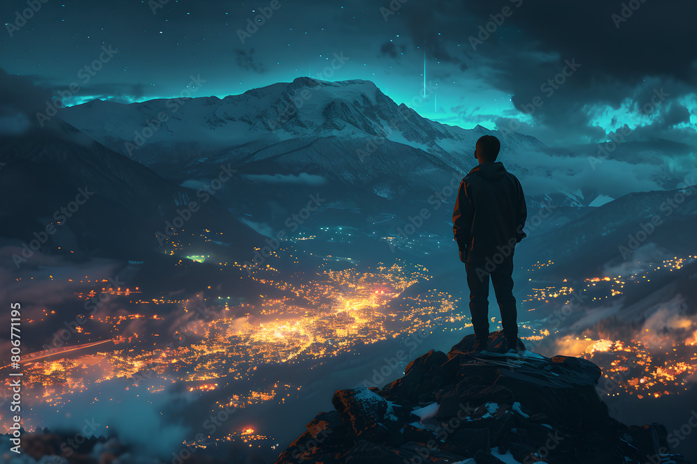 man stand on mountain and watching modern city lights at night , realistic urban, Focus on thinking, calm and rest, meditate on nature, take break, rid of noise, Silhouette view, nocturnal cityscape 