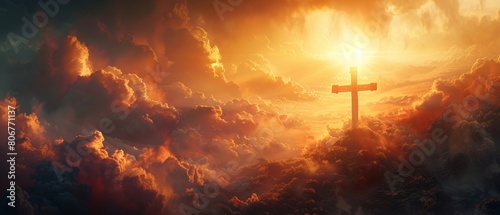 Craft a heartfelt Easter card design, portraying the Golgotha cross at an oblique angle, with ethereal light streaming through the billowing clouds, symbolizing hope and rebirth