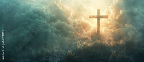 Craft a heartfelt Easter card design, portraying the Golgotha cross at an oblique angle, with ethereal light streaming through the billowing clouds, symbolizing hope and rebirth photo
