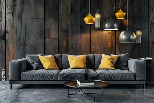 A gray fabric sofa with yellow pillows, a black metal coffee table and modern pendant lamps over a grey concrete floor in front of a dark wooden wall. photo