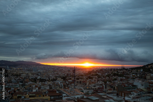 dawn, colored sky, morning city, sky, mountains, houses