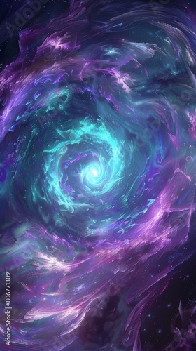 Capturing a spiral galaxy's magnificence with swirling purples and teal, it suggests a dynamic celestial event in a vast universe