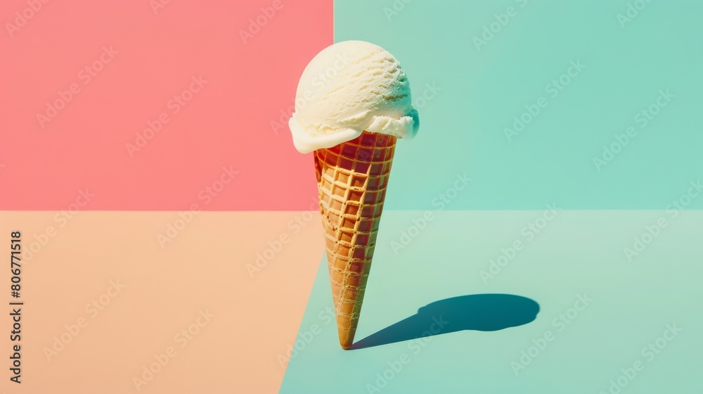 Single vanilla ice cream cone with colorful shadows Single vanilla ice cream cone with colorful shadows