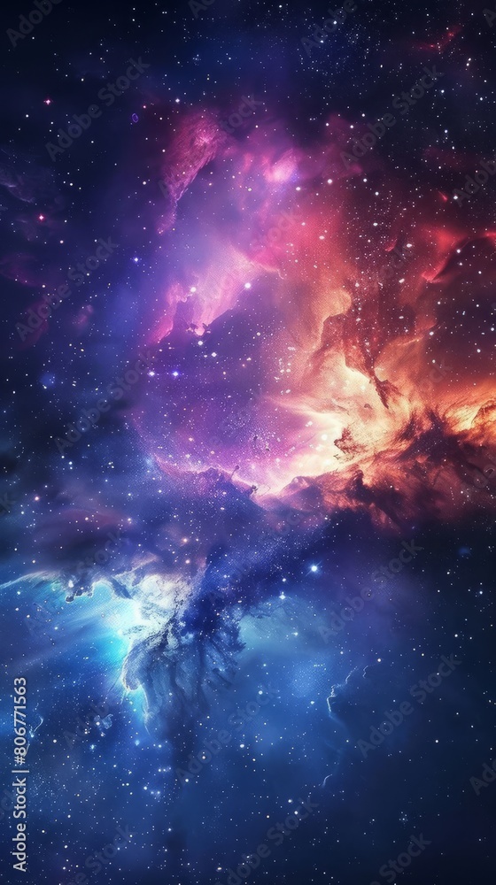 Naklejka premium A dramatic scene unfolds in this art portraying an explosive nebula in pink and blue hues, sprinkled with stars