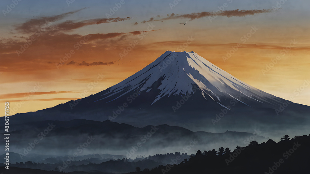 The iconic silhouette of Mountain Fuji bathed in the warm light of sunrise. The iconic silhouette of Mountain Fuji bathed in the warm light of sunrise.