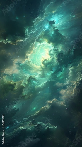 This stunning image shows swirling turquoise and emerald clouds, resembling ocean waves, set in an interstellar environment © Vuk