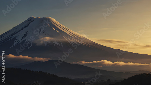 The iconic silhouette of Mountain Fuji bathed in the warm light of sunrise. 