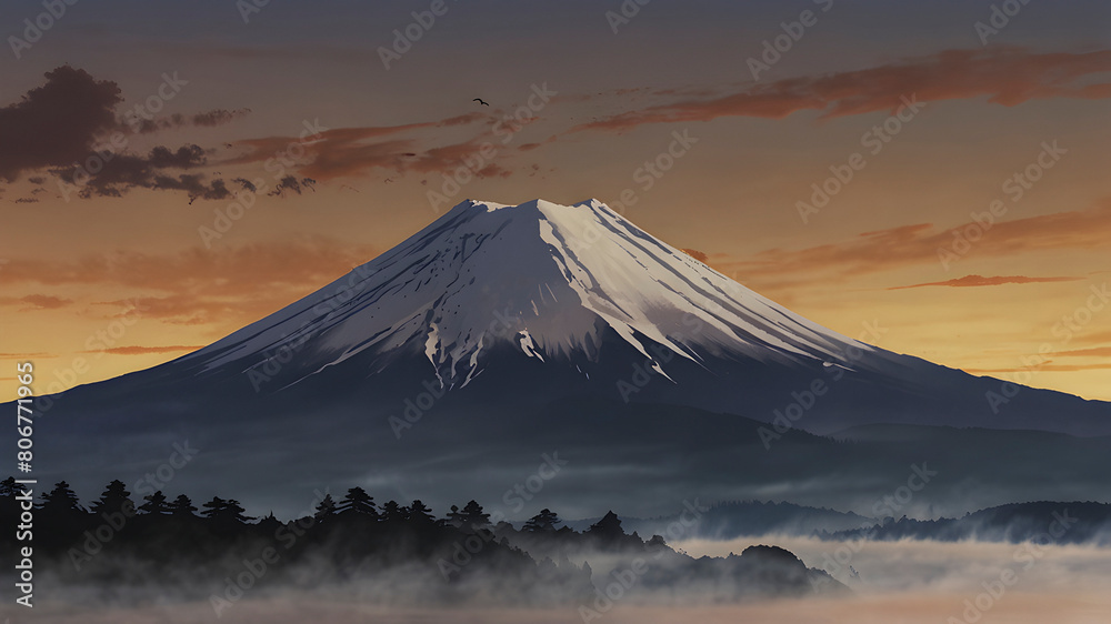 The iconic silhouette of Mountain Fuji bathed in the warm light of sunrise. 