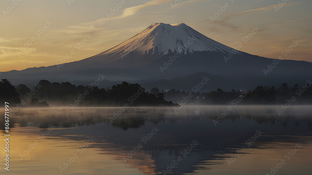 The iconic silhouette of Mountain Fuji bathed in the warm light of sunrise. The iconic silhouette of Mountain Fuji bathed in the warm light of sunrise.