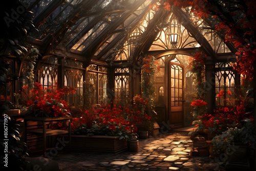 Panorama of a greenhouse with red leaves in autumn  3d render