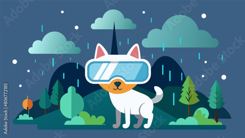 A virtual reality headset for pets that simulates outdoor activities ensuring they stay mentally and physically stimulated even on rainy days.. Vector illustration