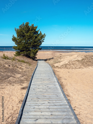 Wooden boardwalk on the Hiekkasärkät beach in Kalajoki, Finland