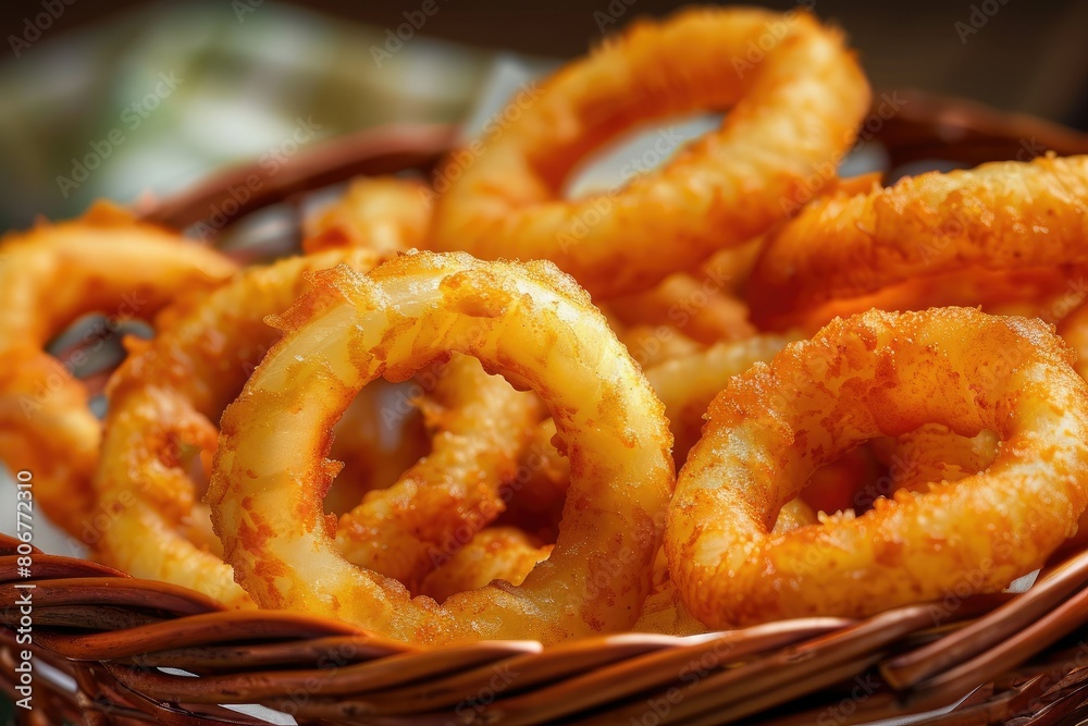 Onion Ring DelightA basket overflowing with golden onion rings, waiting to be enjoyed Onion Ring DelightA basket overflowing with golden onion rings, waiting to be enjoyed
