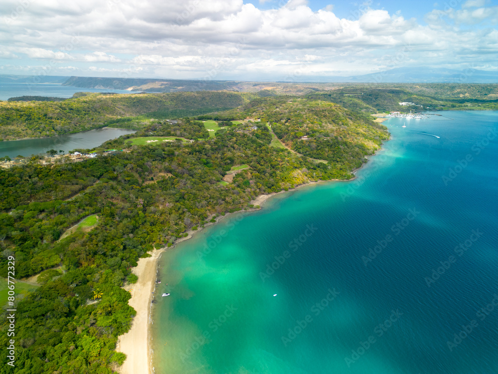 Aerial view of Guanacaste's lush green forests surrounding the Gulf of Nicoya in Costa Rica